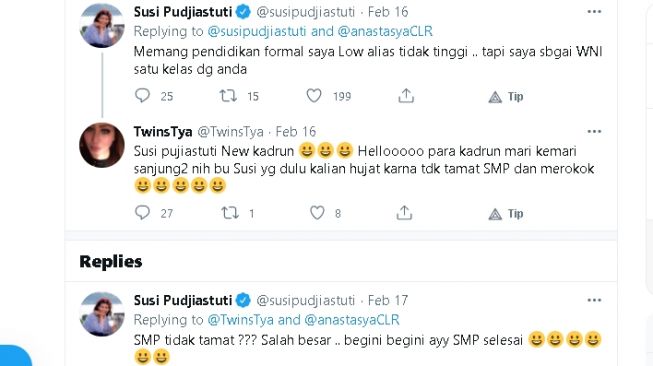 Perang cuitan Susi dengan warganet (Twitter)