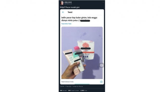 Viral! Warganet Ini Terancam Diputuskan Pacarnya jika Tak Belikan Skincare (twitter.com/AREAJULID)