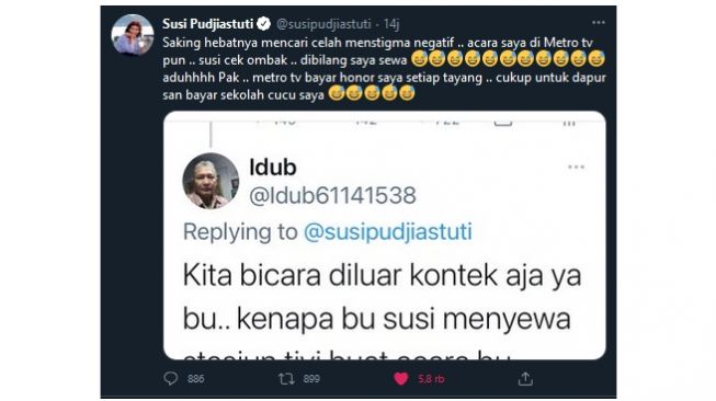 Disebut Sewa Stasiun TV, Susi Pudjiastuti: Saya Dibayar, Honornya Buat Cucu (twitter.com/susipudjiastuti)