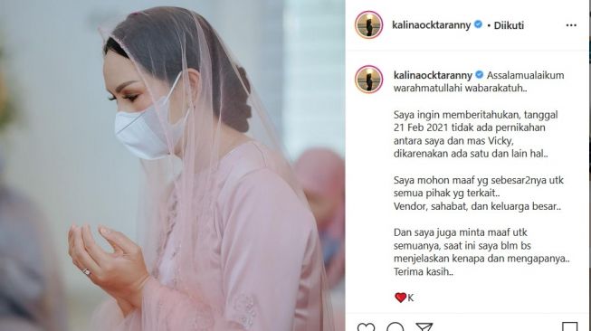 Kalina Oktarani mengumumkan kabar pembatalan pernikahan. [Instagram]