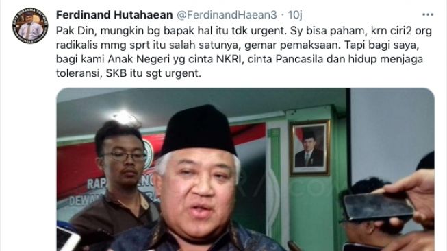 Cuitan Ferdinand Hutahaean mengkiritisi ucapan Din Syamsuddin soal SKB Tiga Menteri