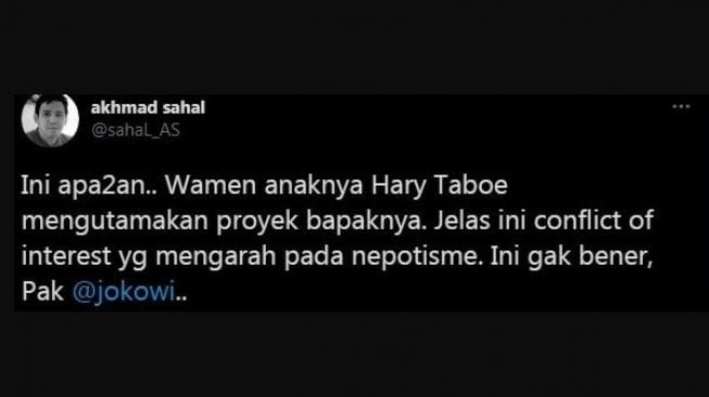 Cuitan Akhmad Sahal komentari proyek MNC Land di KEK Lido (Twitter)