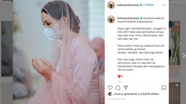 Kalina Ocktaranny mengumumkan batalnya pernikahan dirinya dengan Vicky Prasetyo melalui Instagram miliknya. [Instagram/@kalinaocktaranny]
