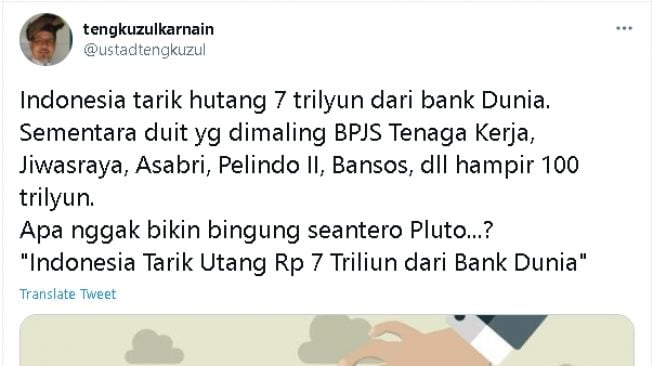 Cuitan Tengku Zul soal utang negara (Twitter)