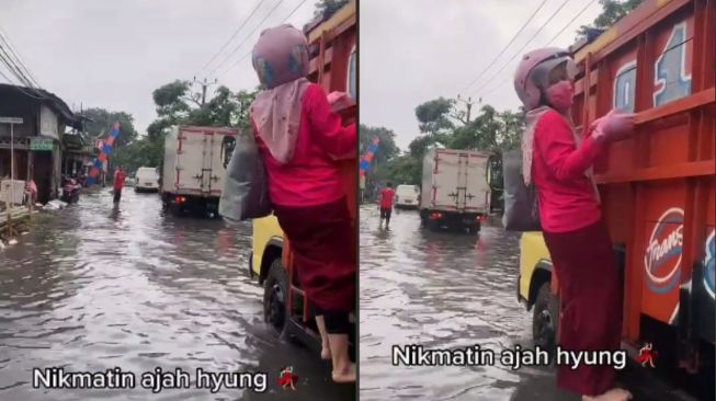 Bergelantungan di Truk Pakai Rok, Aksi Wanita Ini Bikin Salah Fokus