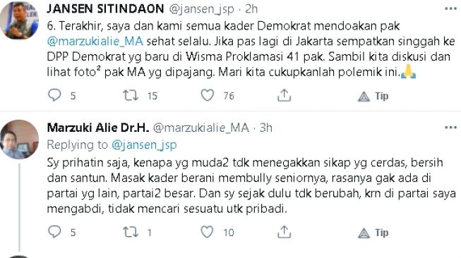 Cuitan Jansen Sitindaon dan Marzuki Alie (Twitter)