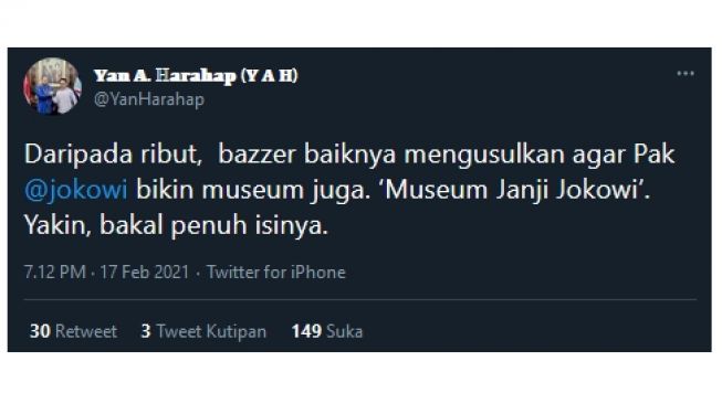 Cuitan Yan Harahap singgung buzzer buat "Museum Janji Jokowi" (twitter.com/YanHarahap)