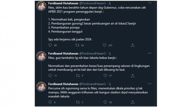 Cuitan Ferdinand Hutahaean bagikan saran untuk menanggulangi banjir DKI Jakarta (twitter.com/FerdinandHaean3)