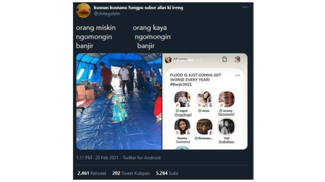 Cuitan tentang Perbedaan Orang Miskin dan Kaya saat Bicarakan Banjir (twitter.com/shitegoblin)