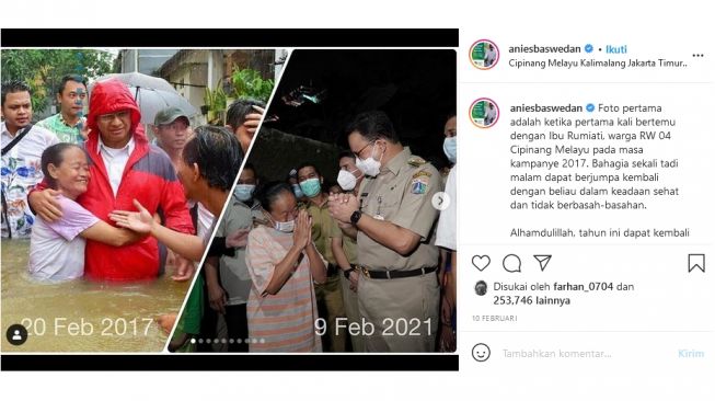 Unggahan foto saat Anies Baswedan meninjau banjir tahun 2017 dan banjir sekarang (instagram.com/aniesbaswedan)