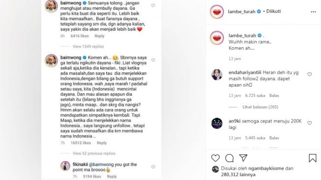 Unggahan soal Baim Wong [Instagram/@lambe_turah]