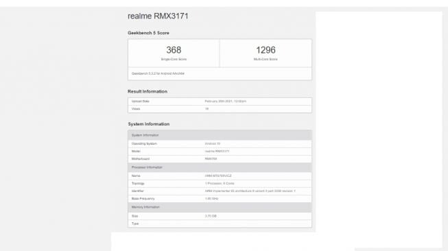 Bocoran Realme Narzo 30A. [Geekbench]