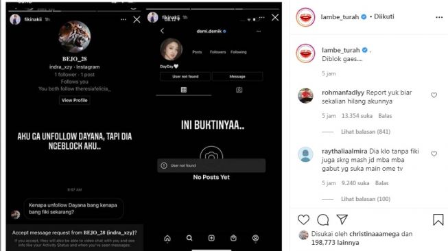Unggahan soal Dayana dan Fiki Naki [Instagram/@lambe_turah]
