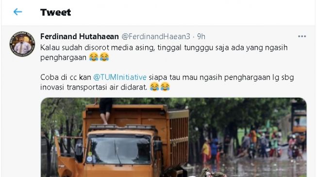 Cuitan Ferdinanad Hutahaean soal banjir Jakarta (Twitter)