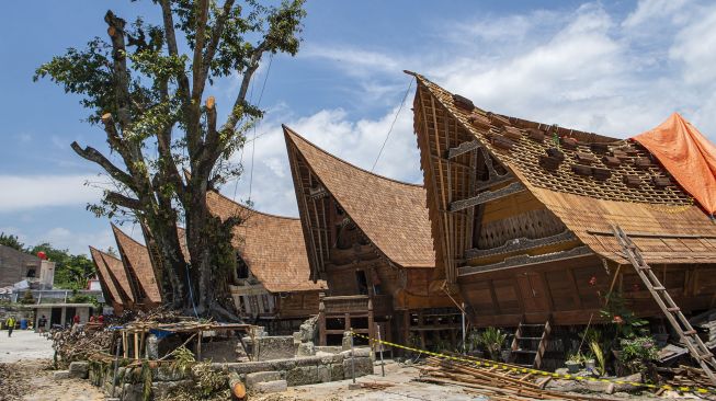 Suasana pemugaran kawasan Huta Siallagan, Ambarita, Simanindo, Samosir, Sumatera Selatan, Minggu (21/2/2021). [ANTARA FOTO/Nova Wahyudi]