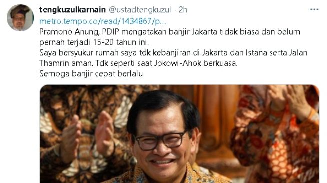 Tengku Zul tanggapi pernyataan Pramono Anung soal banjir Jakarta (twitter)