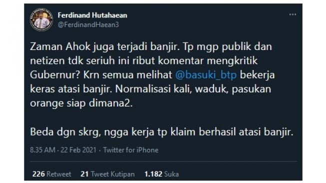 Cuitan Ferdinand Hutahaean bandingkan Anies dengan Ahok (twitter.com/FerdinandHaean3)