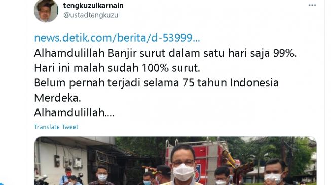 Cuitan Tengku Zul soal klaim Anies banjir surut 100 persen (twitter)