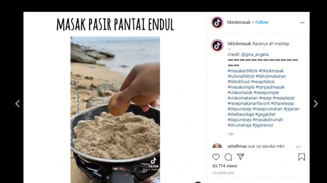 Wanita Ini Masak Pasir Pantai, Endingnya Justru di Luar Dugaan. (TikTok/@gina_angelia/Instagram @tiktokmasak)