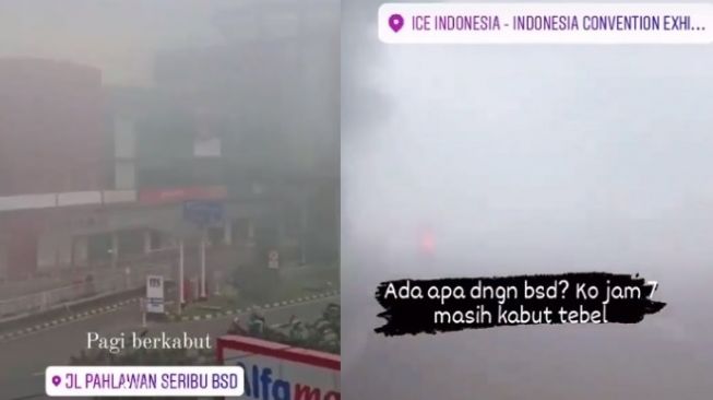 Foto kolase tangkapan layar video fenomena kabut tebal di BSD Tangsel, Selasa (23/2/2021) pagi. [Instagram]