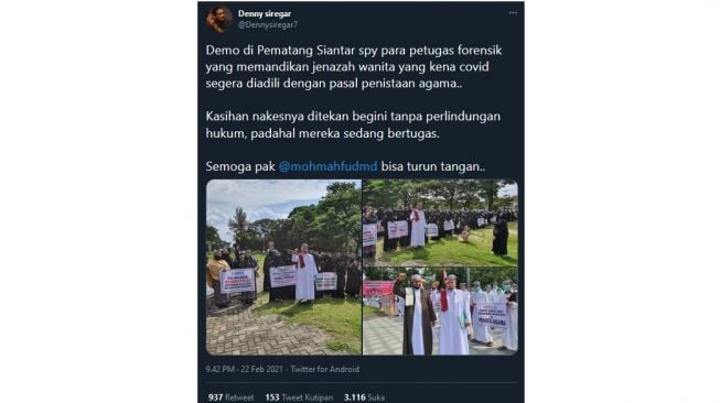 Denny Siregar meminta agar Mahfud MD turun tangan dalam kasus empat tenaga forensik (twitter.com/Dennysiregar7)