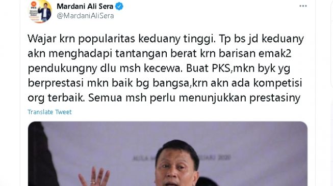 Cuitan Mardani Ali Sera soal Probowo dan Sandiaga (twitter)