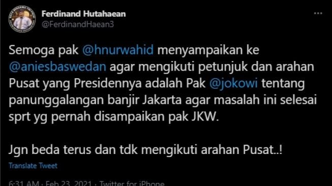 Pesan Ferdinand Hutahaean untuk Anies Baswedan. (Twitter)