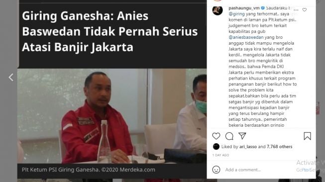 Perang argumen Giring dan Pasha di akun instagram.[Instagram/@giring]