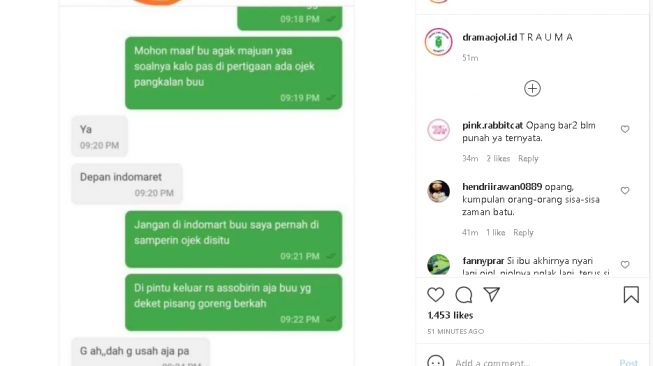 Percakapan driver ojol dengan customer (instagram)