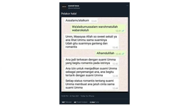 Wanita minta izin jatuh cinta dengan suami temannya (twitter.com/sosmedkeras)