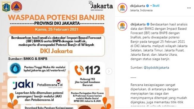 Tangkapan layar peringatan waspada potensi banjir dari Pemprov DKI Jakarta, Rabu (24/2/2021). [Instagram@dkijakarta]