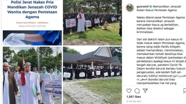 Unggahan gun romli yang mengkritisi petugas forensik menjadi tersangka karena memandikan jenazah wanita. [Instagram/@gunromli]