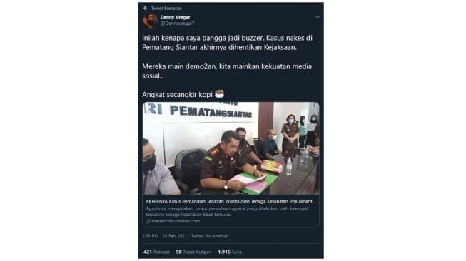 Kasus 4 Tenaga Forensik Ditutup, Denny Siregar: Saya Bangga Jadi Buzzer (twitter.com/Dennysiregar7)