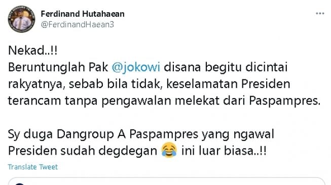 Cuitan Ferdianand soal Jokowi bikin paspampres kalang kabut (twitter)