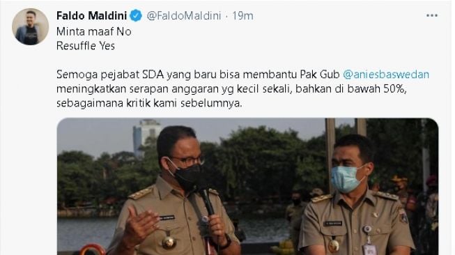 Cuitan Faldo Maldini tentang kebijakan Anies Baswedan (twitter.com/@FaldoMaldini)