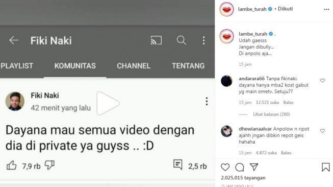 Unggahan soal Fiki Naki [Instagram/@lambe_turah]