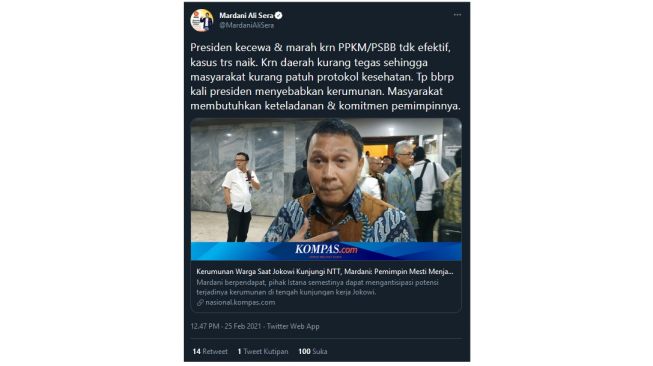 Singgung Kerumunan Jokowi di NTT, Mardani: Masyarakat Butuh Sosok Teladan (twitter.com/MardaniAliSera)