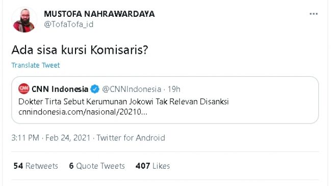 Cuitan Mustofa soal dokter Tirta (twitter)