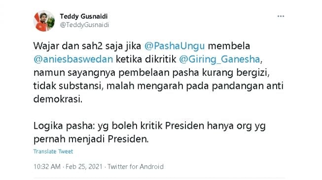 Cuitan Teddy Gusnaidi soal pembelaan Pasha Ungu untuk Anies Baswedan (Twitter)