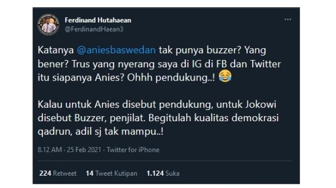 Cuitan Ferdinand Hutahaean singgung Anies Baswedan soal buzzer (twitter.com/FerdinandHaean3)