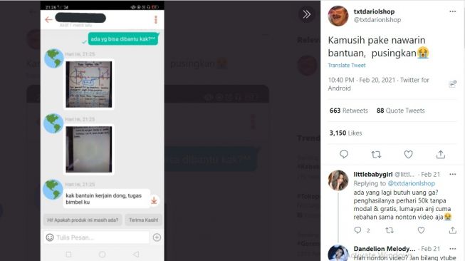 Tanya soal Matematika di marketplace. [Twitter]