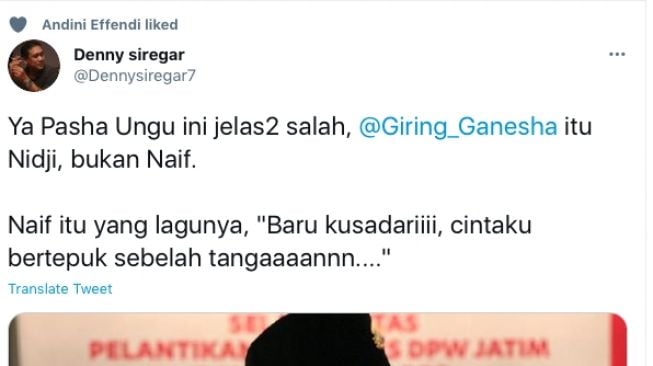 Cuitan Denny Siregar menyindir perang argumen antara Giring Ganesha dan Pasha. (Twitter)