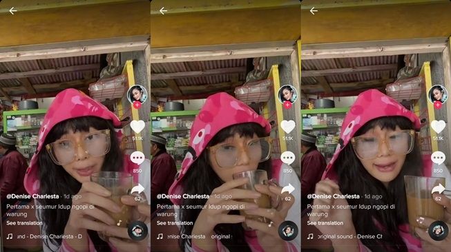 Denise Chariesta diejek bangkrut gara-gara asyik ngopi di warung. (TikTok/@denise.chariesta)