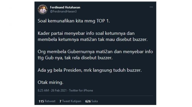 Cuitan Ferdinand Hutahaean Singgung Buzzer: Soal Kemunafikan Kita Memang TOP 1! (twitter.com/FerdinandHaean3)