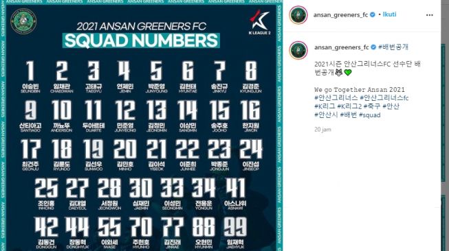 Asnawi Mangkualam kenakan nomo punggunh 41 di Ansan Greeners. (Instagram/@ansan_greneers_fc).