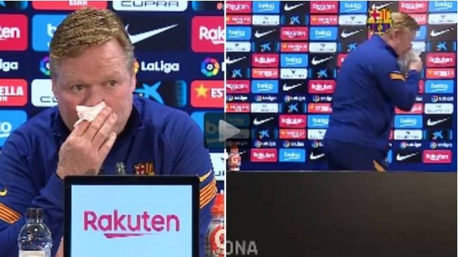 Pelatih Barcelona Ronald Koeman mimisan saat memberikan keterangan pers jelang laga Sevilla vs Barcelona. [Foto: Marca]