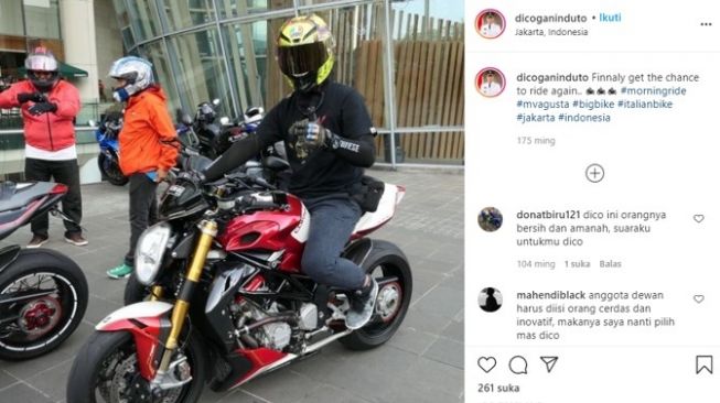 Tangkapan layar Instagram @dicoganinduto saat menunggang MV Agusta.