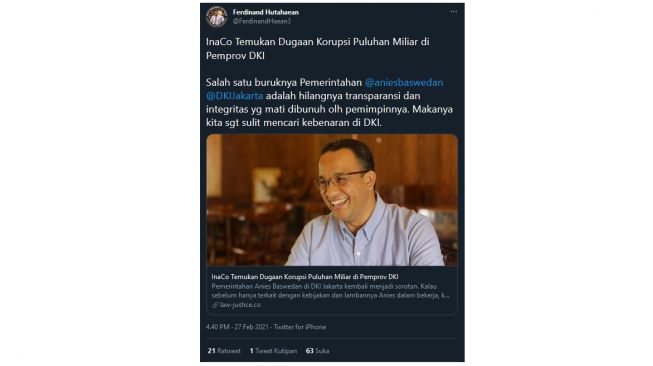 Isu Korupsi DKI, Ferdinand: Transparansi dan Integritas Mati Dibunuh Anies! (twitter.com/FerdinandHaean3)