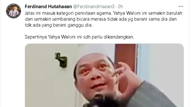 Cuitan Ferdinanad Hutahaean soal pernyataan Yahya Waloni (Twitter)