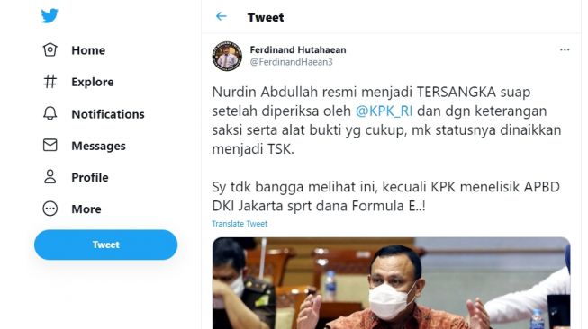 Cuitan Ferdinand Hutahaean menanggapi penetapan tersangka Gubernur Sulsel Nurdin Nurdin Abdullah oleh KPK.[Twitter/@FerdinandHaean3]